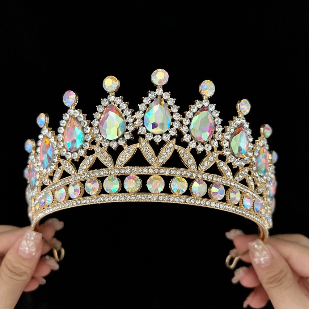Luxury Pink Crystal Wedding Crown Royal Queen Tiara Headband AB Color Rhinestone